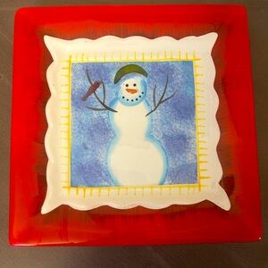 WCL 10" Vintage Cookie/Serving Plate, Square, Red with Snowman Scene